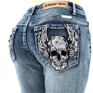 Platinum Plush #4050 Y2K bling rocker rebellious skull bone bootcut jeans size 3